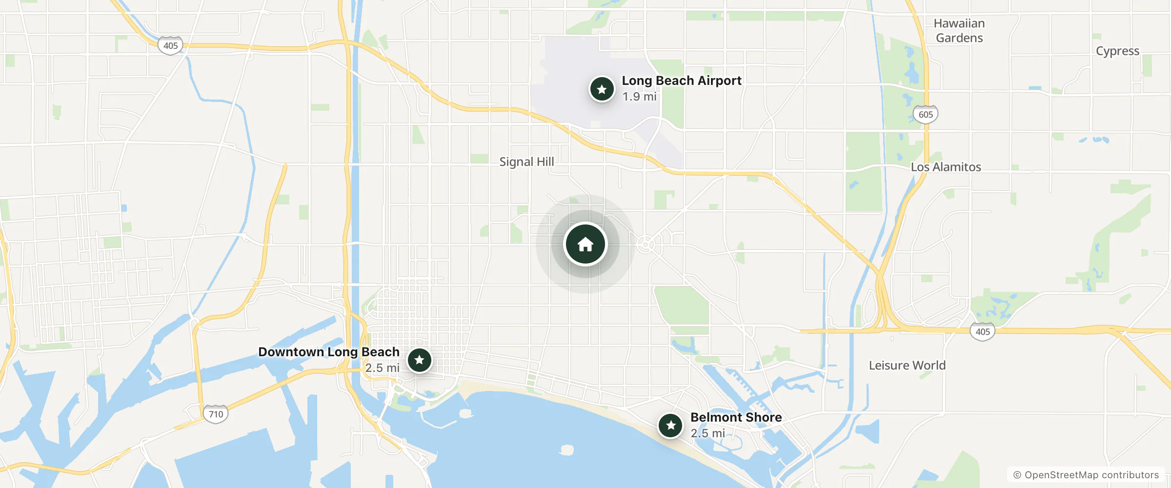 Map of Signal Hill Motel and nearby Long Beach Airport, Belmont Shore and Downtown Long Beach