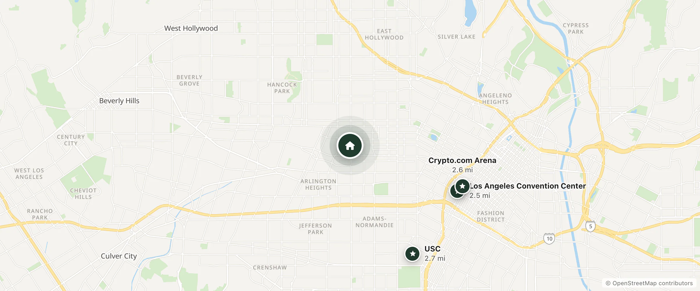 Map of La Spatel and nearby Los Angeles Convention Center, Crypto.com Arena and USC