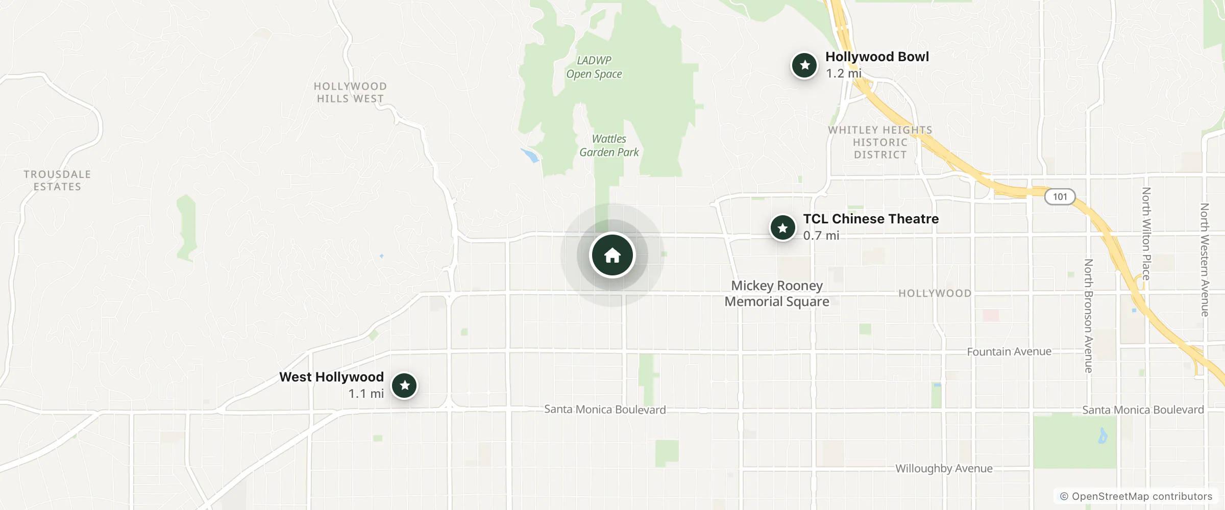 Map of Elaine's Hollywood Bed and Breakfast and nearby TCL Chinese Theatre, West Hollywood and Hollywood Bowl