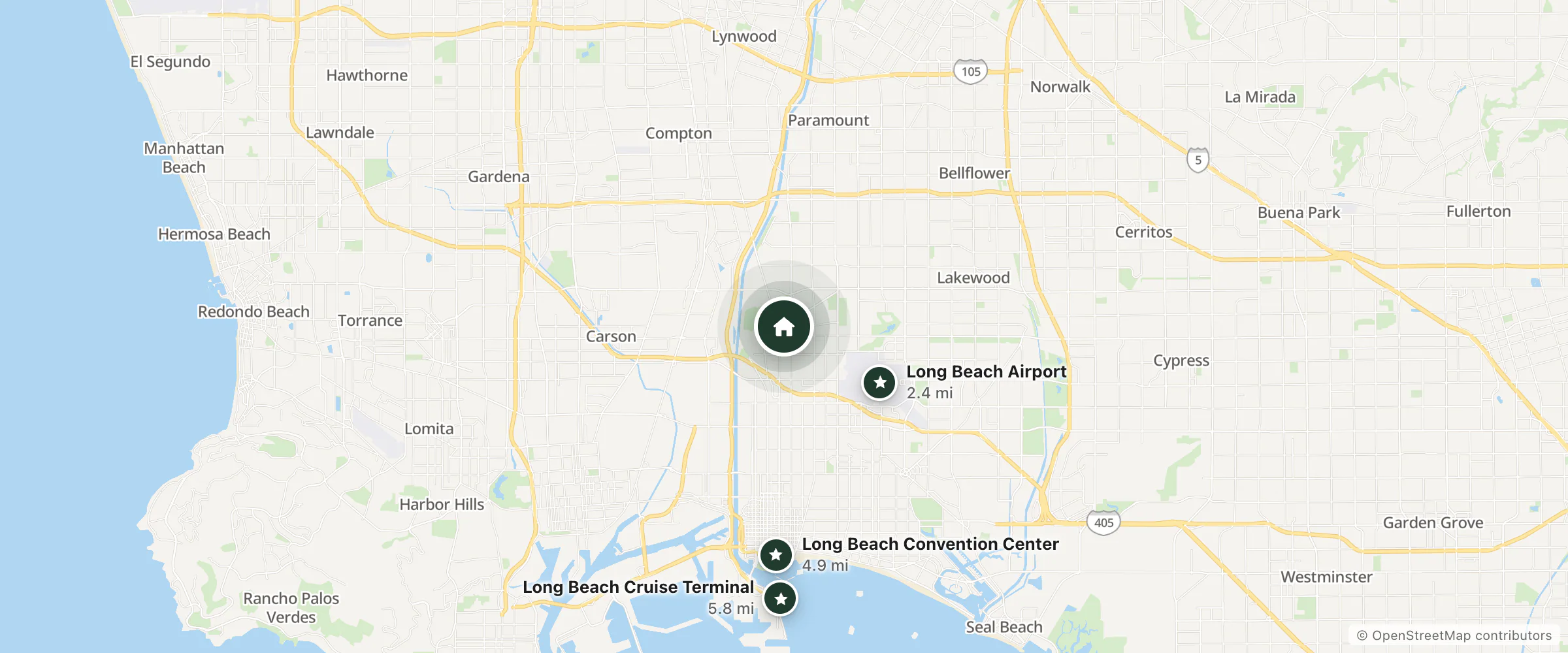 Map of Sunlight Motel and nearby Long Beach Airport, Long Beach Convention Center and Long Beach Cruise Terminal