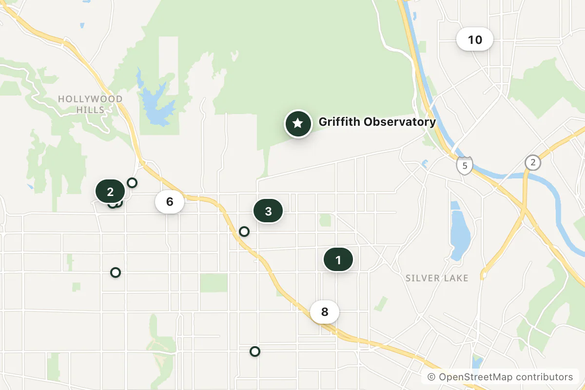 Map of the top 13 hotels for this question around Griffith Observatory