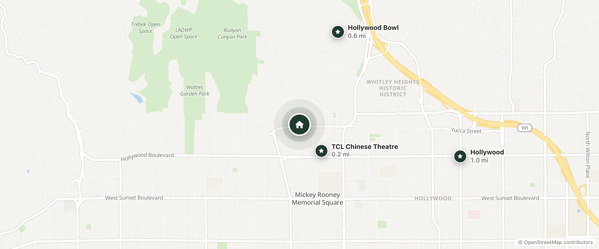 Map of Highland Gardens Hotel and nearby TCL Chinese Theatre, Hollywood Bowl and Hollywood
