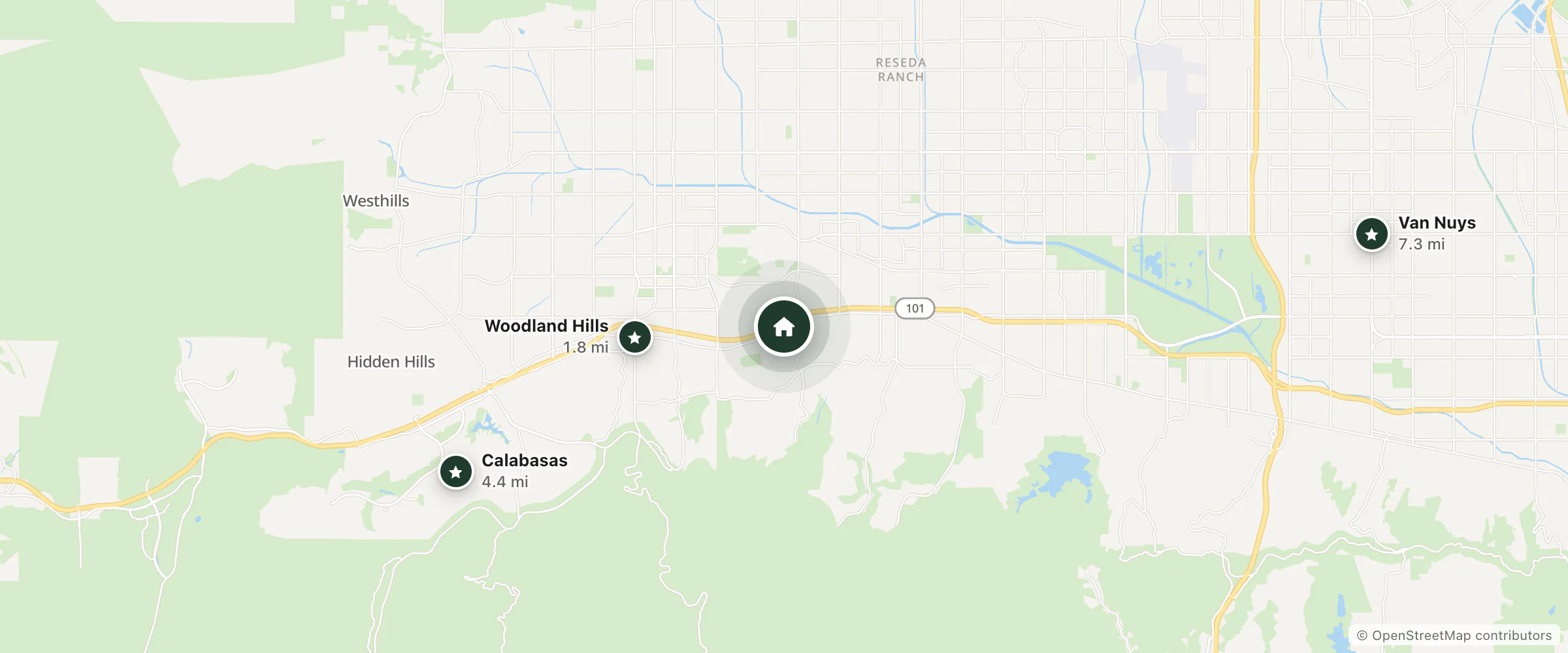 Map of Extended Stay America and nearby Woodland Hills, Calabasas and Van Nuys