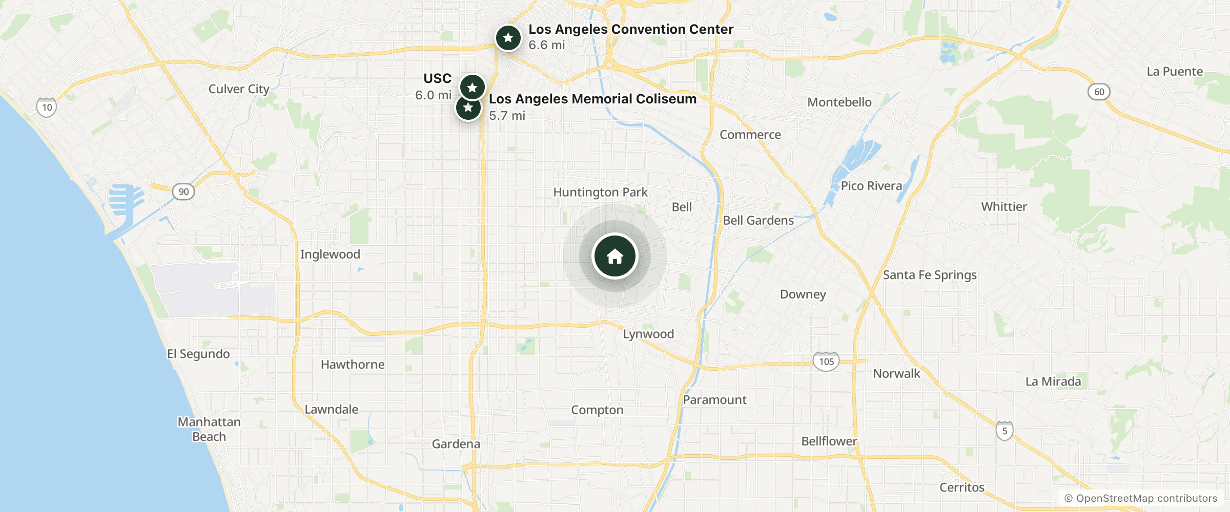 Map of Los Arcos Inn and nearby Los Angeles Memorial Coliseum, USC and Los Angeles Convention Center