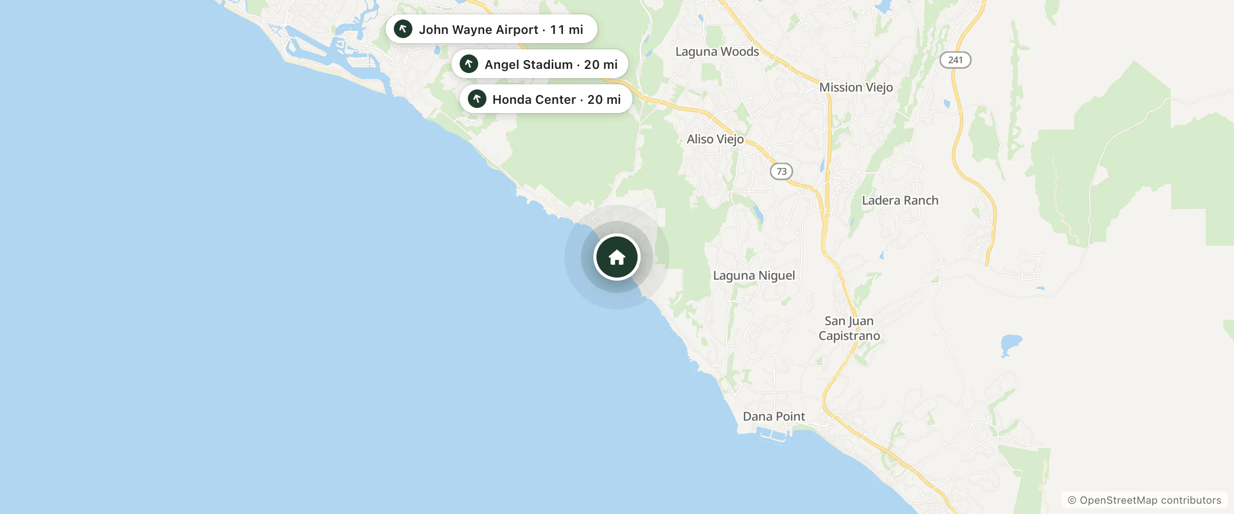 Map of Laguna Brisas Hotel and nearby John Wayne Airport, Angel Stadium and Honda Center