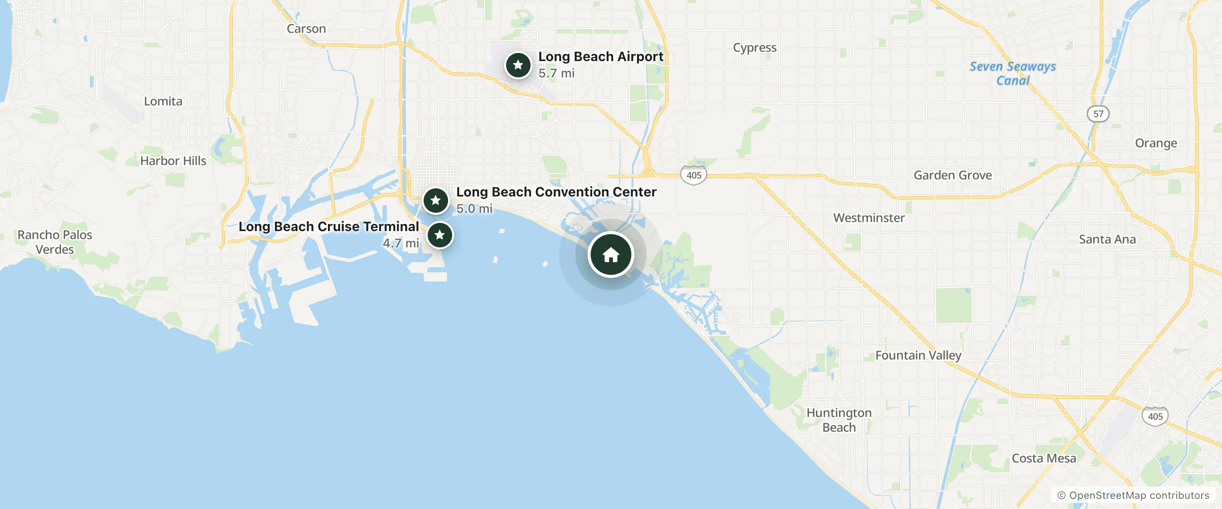 Map of Seal Beach Inn & Gardens and nearby Long Beach Cruise Terminal, Long Beach Convention Center and Long Beach Airport