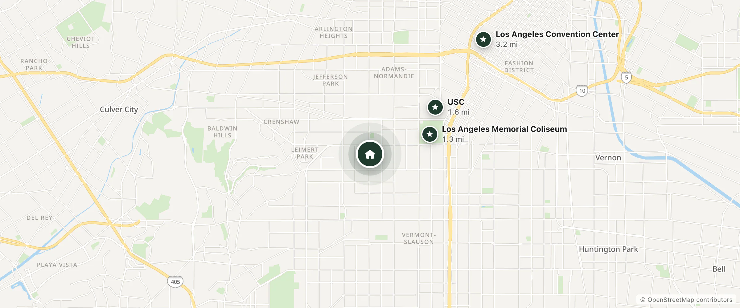 Map of Americas Best Value Inn & Suites Los Angeles Downtown SW and nearby Los Angeles Memorial Coliseum, USC and Los Angeles Convention Center