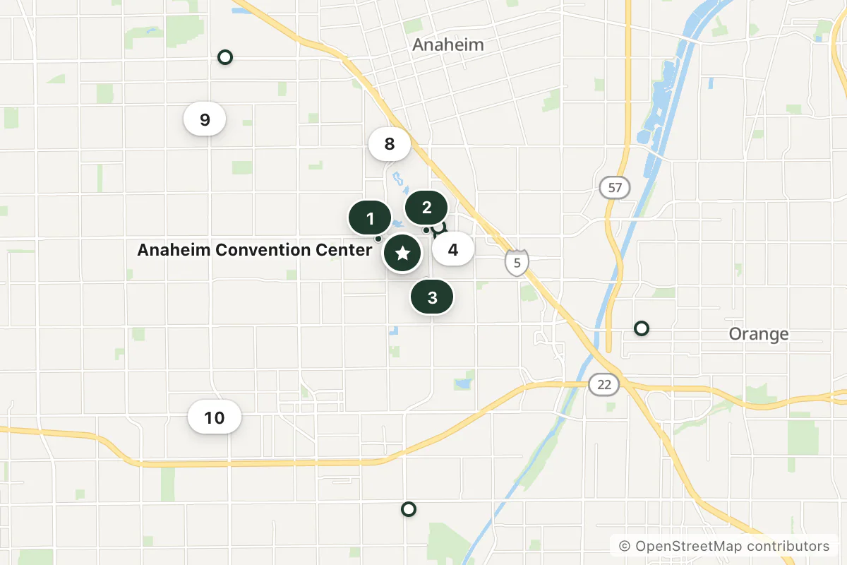 Map of the top 13 hotels for this question around Anaheim Convention Center