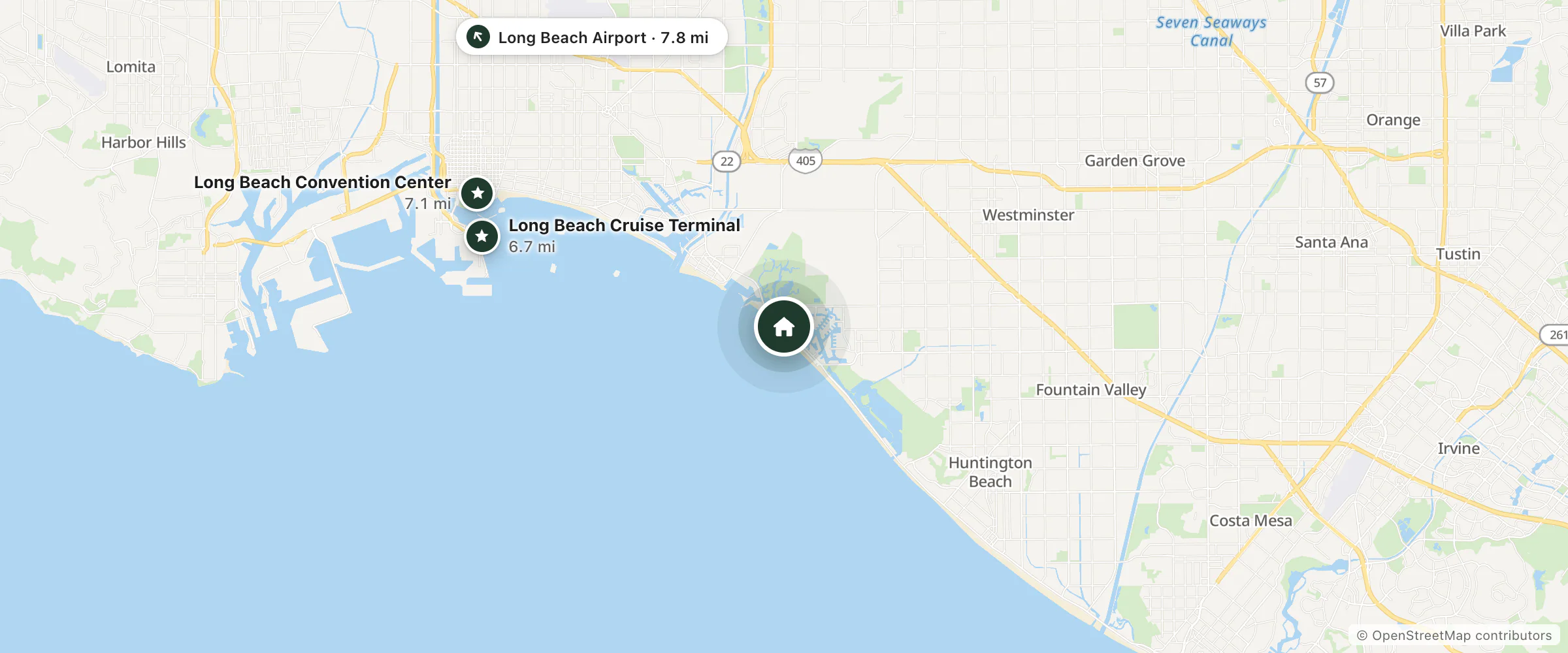 Map of Sunset Suites and nearby Long Beach Cruise Terminal, Long Beach Convention Center and Long Beach Airport