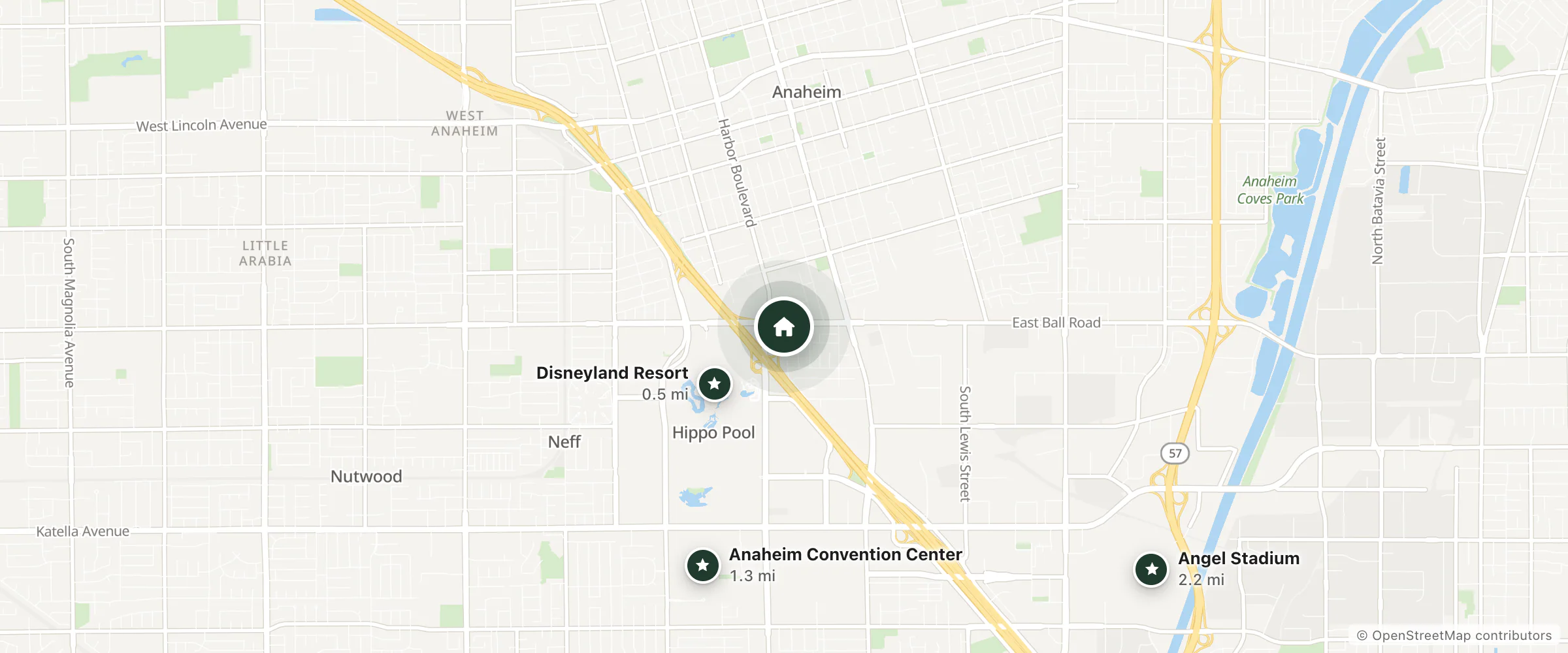 Map of Anaheim Astoria Inn and Suites and nearby Disneyland Resort, Anaheim Convention Center and Angel Stadium