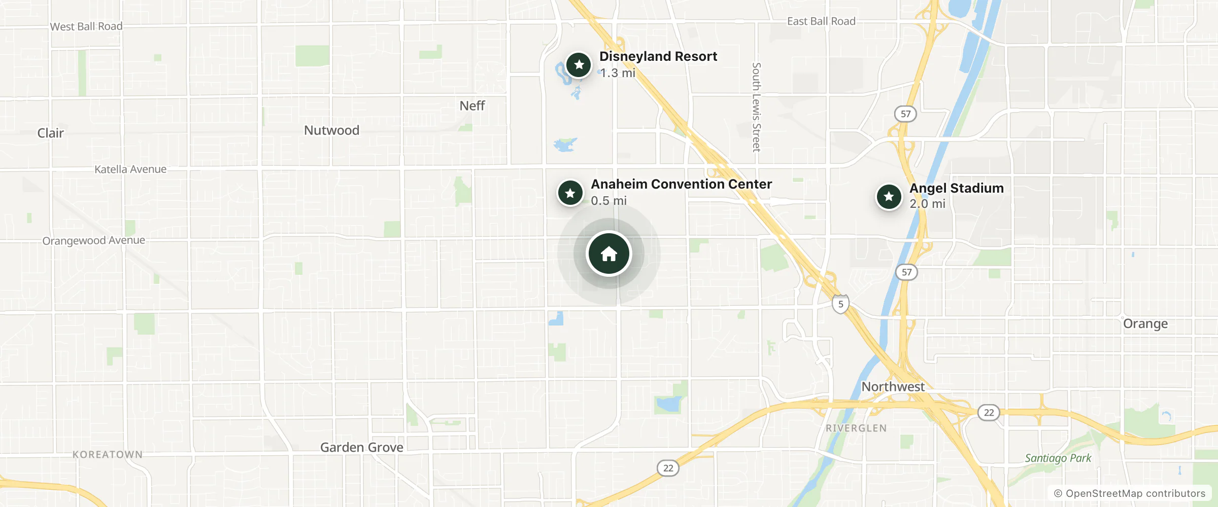 Map of Motel 6 Anaheim Convention Center and nearby Anaheim Convention Center, Disneyland Resort and Angel Stadium