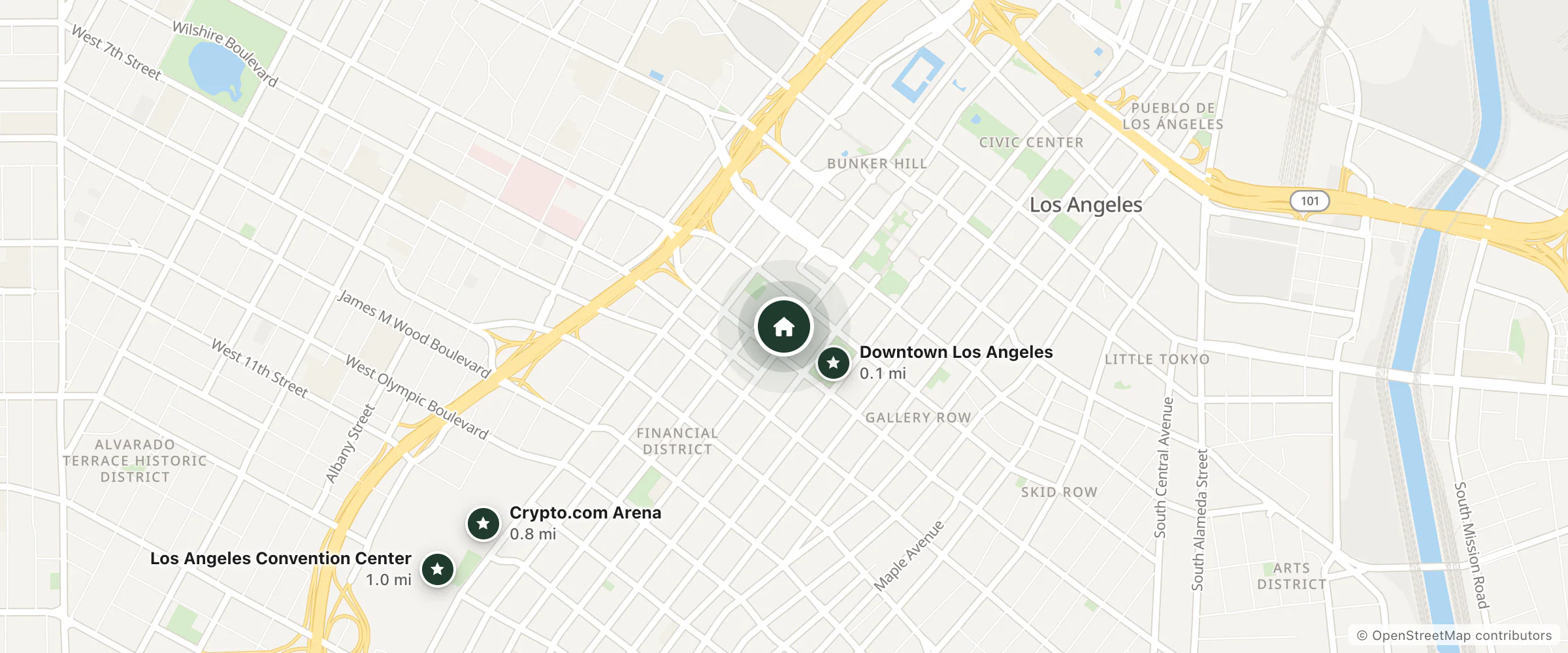 Map of Hilton Checkers Los Angeles and nearby Downtown Los Angeles, Crypto.com Arena and Los Angeles Convention Center