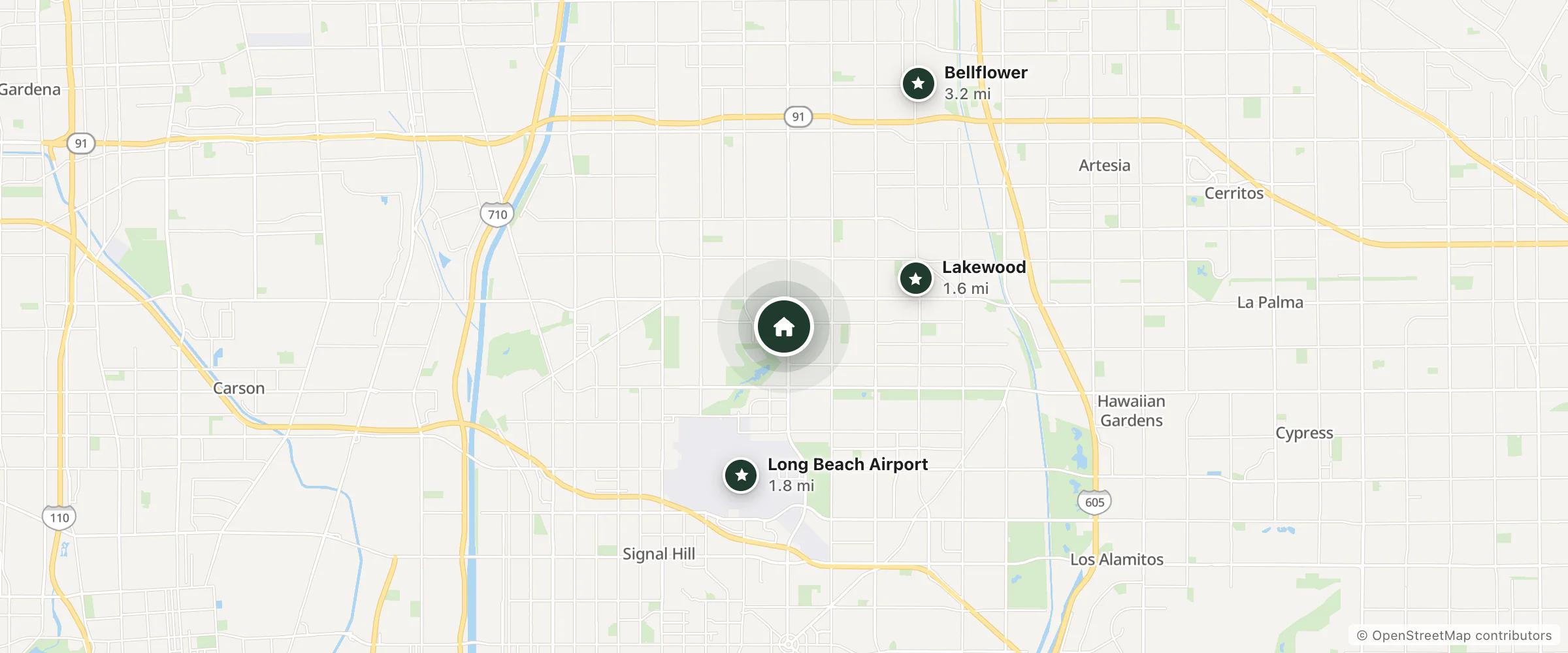 Map of Westin Mission Hills Resort Rancho Mirage and nearby Lakewood, Long Beach Airport and Bellflower