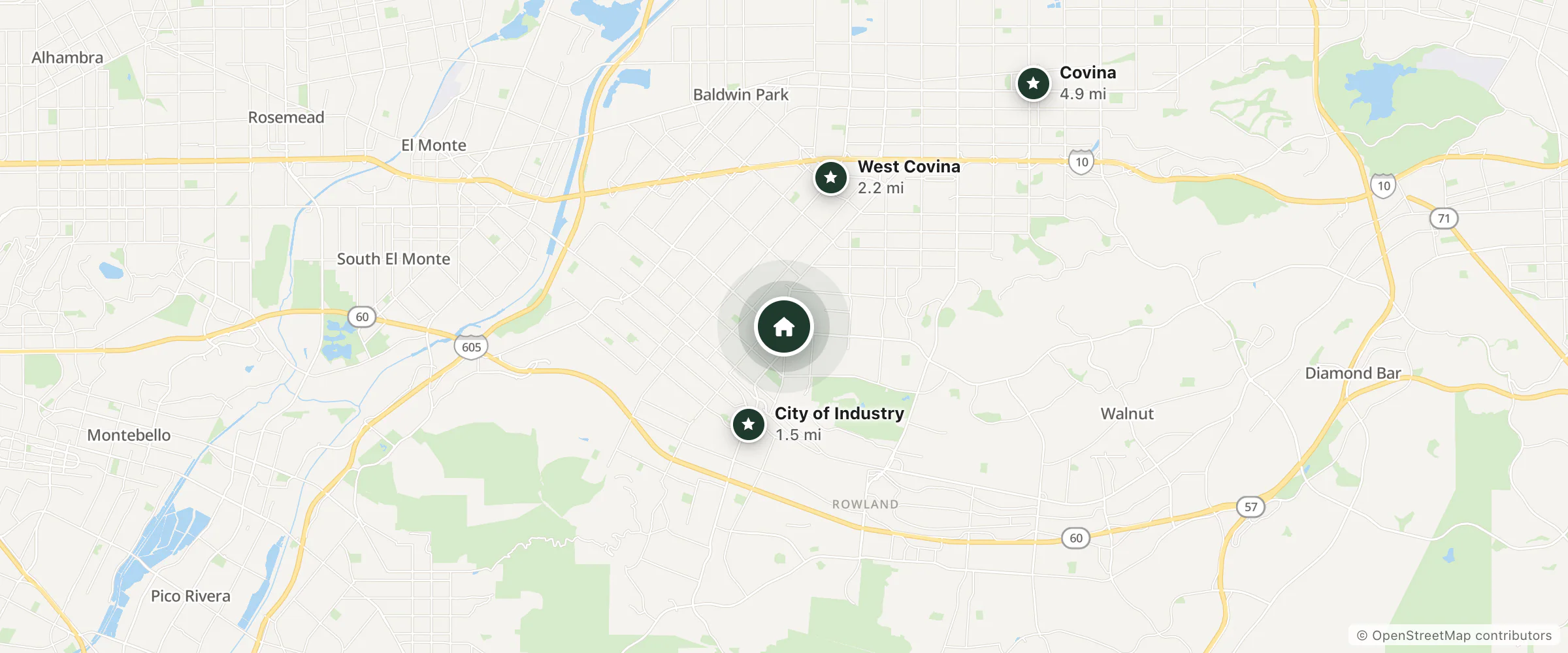 Map of La Puente Motel and nearby City of Industry, West Covina and Covina