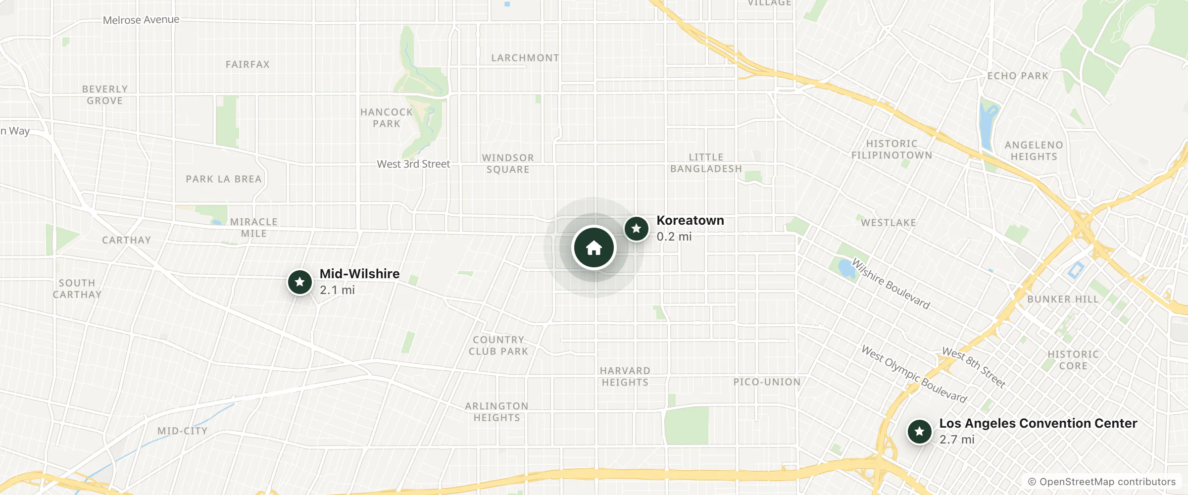 Map of Garden Suite Hotel and nearby Koreatown, Mid-Wilshire and Los Angeles Convention Center