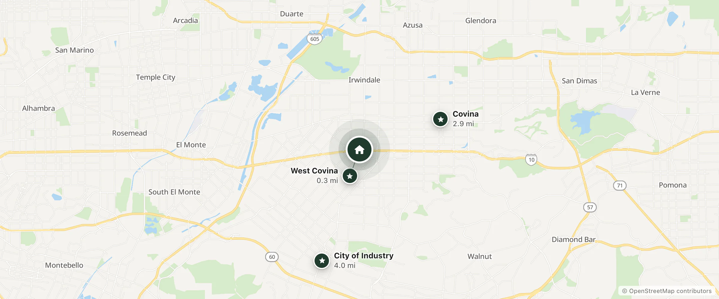 Map of Walnut Inn & Suites and nearby West Covina, Covina and City of Industry