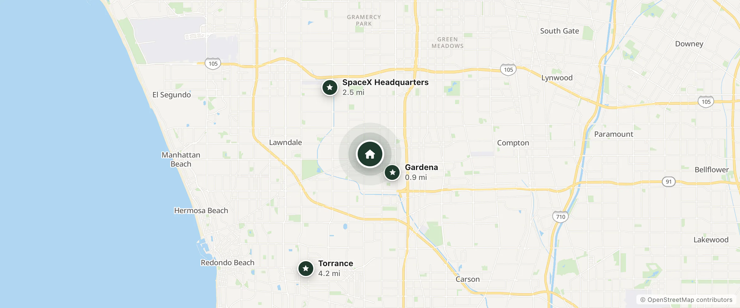 Map of New Gardena Hotel and nearby Gardena, SpaceX Headquarters and Torrance