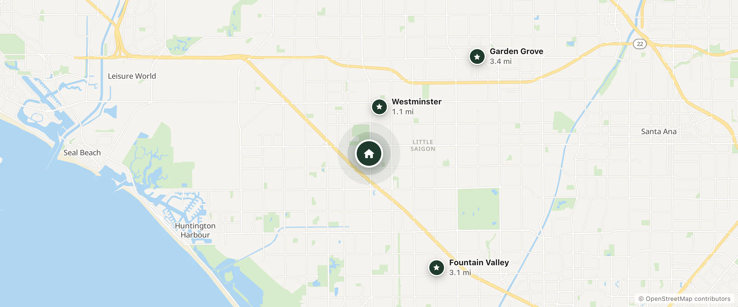 Map of America's Best Value Inn and nearby Westminster, Fountain Valley and Garden Grove
