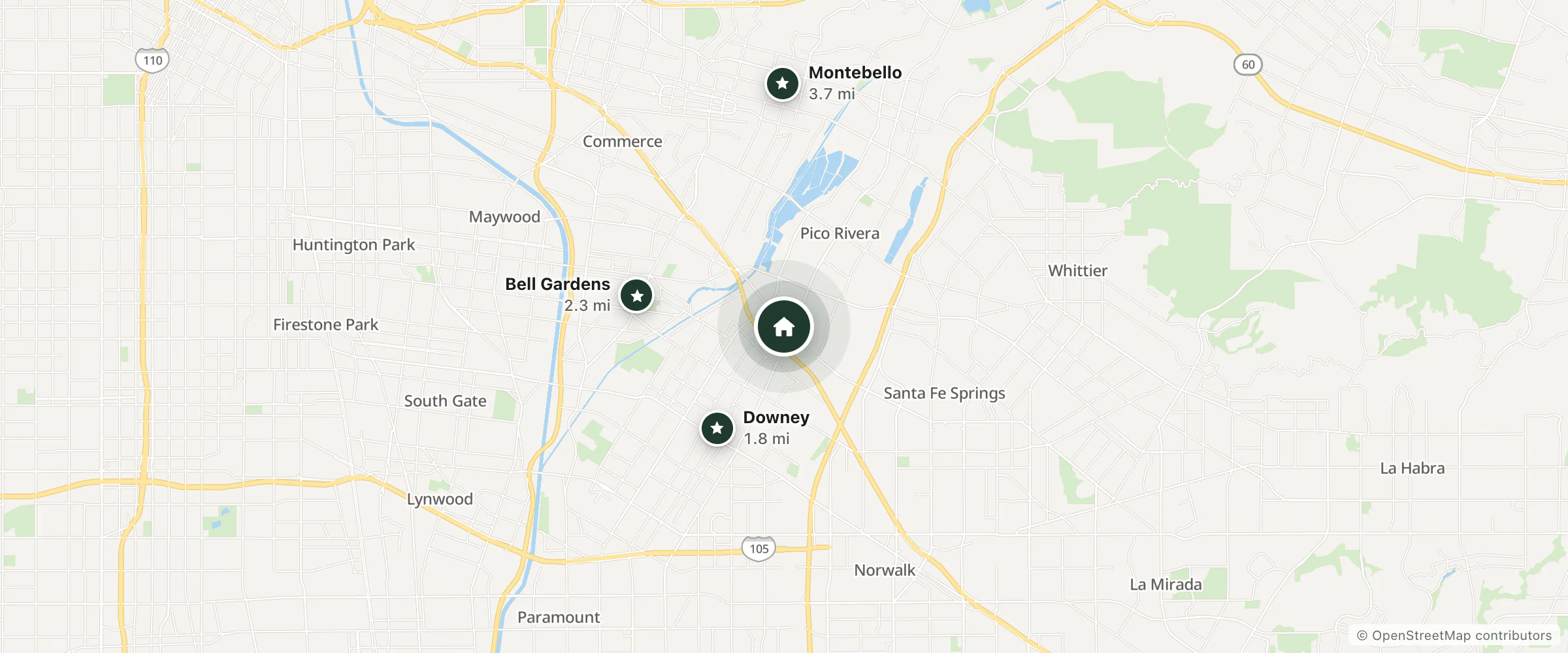 Map of GuestHouse Pico Rivera Downey and nearby Downey, Bell Gardens and Montebello