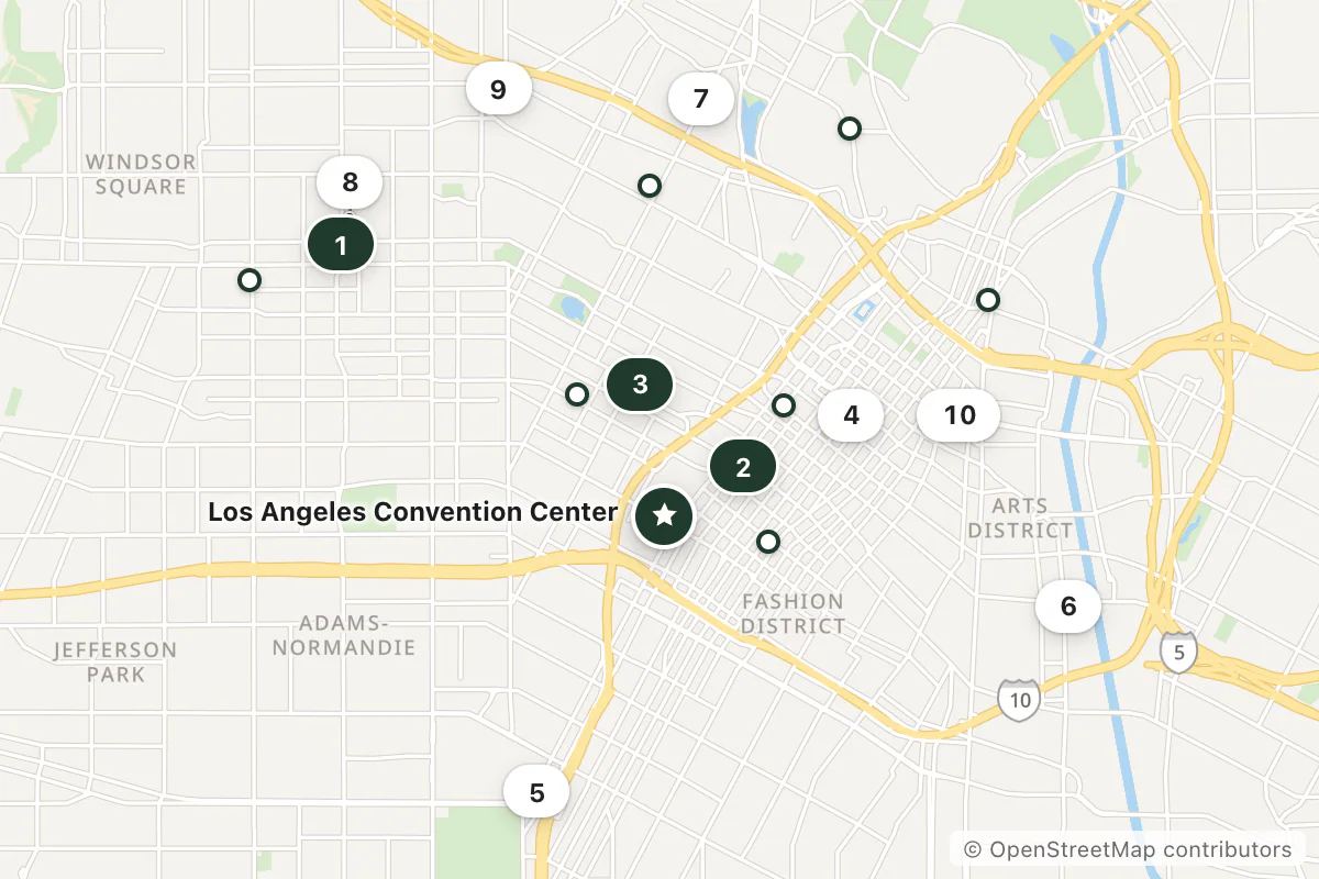 Map of the top 17 hotels for this question around Los Angeles Convention Center
