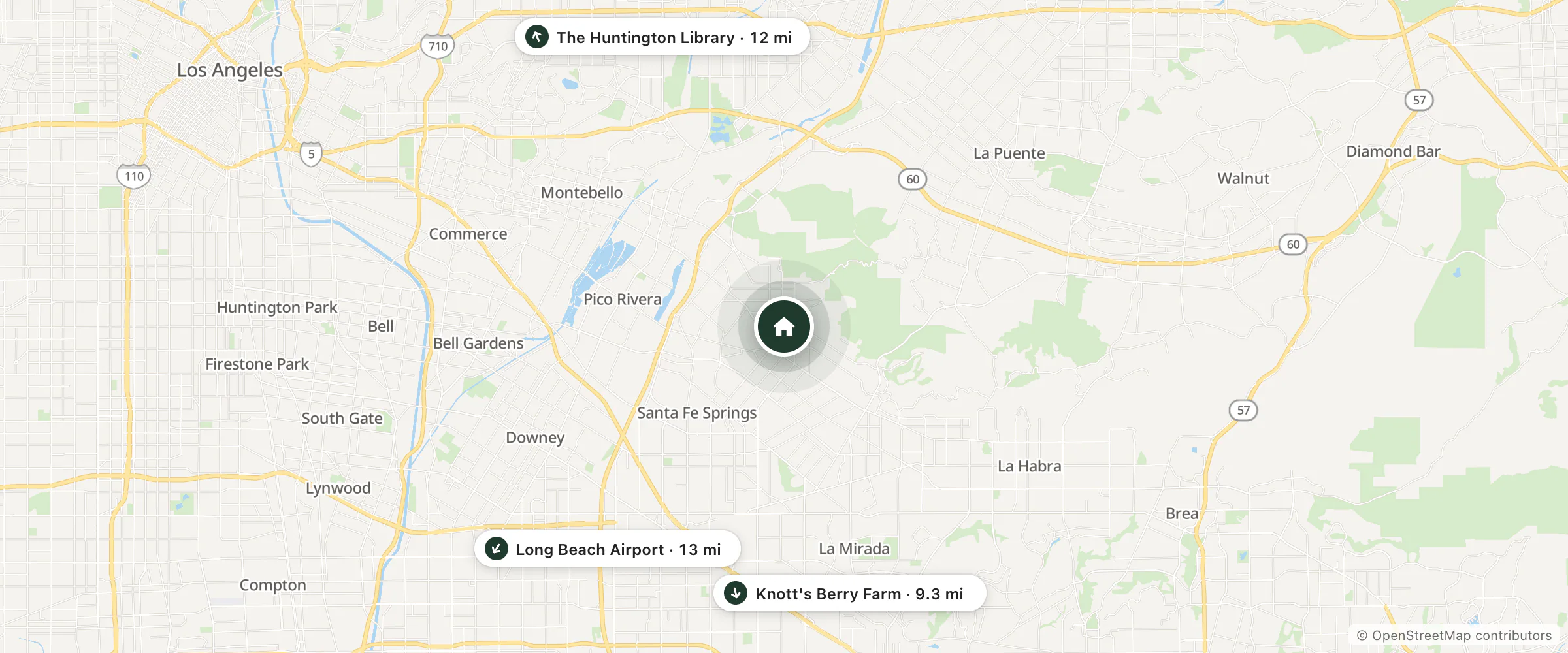 Map of Doubletree By Hilton Whittier Los Angeles and nearby Knott's Berry Farm, The Huntington Library and Long Beach Airport