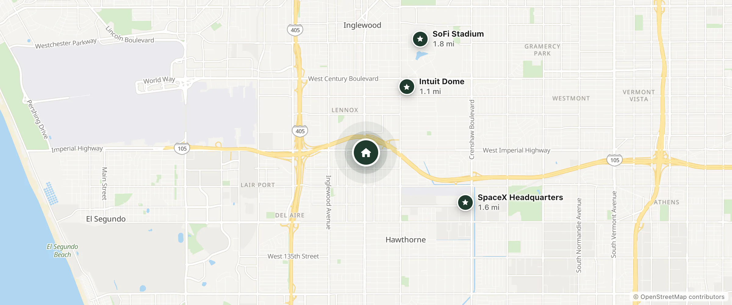 Map of Candlewood Suites Lax Hawthorne By Ihg and nearby Intuit Dome, SpaceX Headquarters and SoFi Stadium