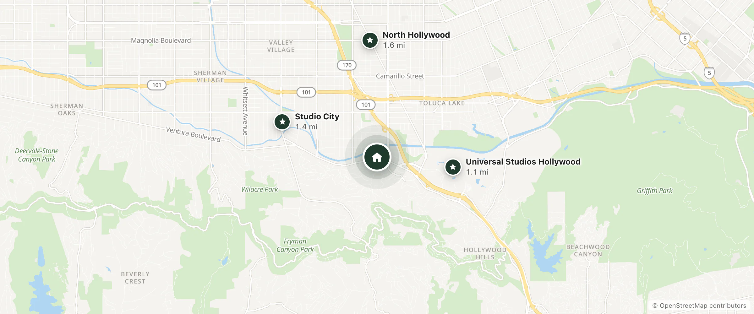 Map of Showtime Motel and nearby Universal Studios Hollywood, Studio City and North Hollywood