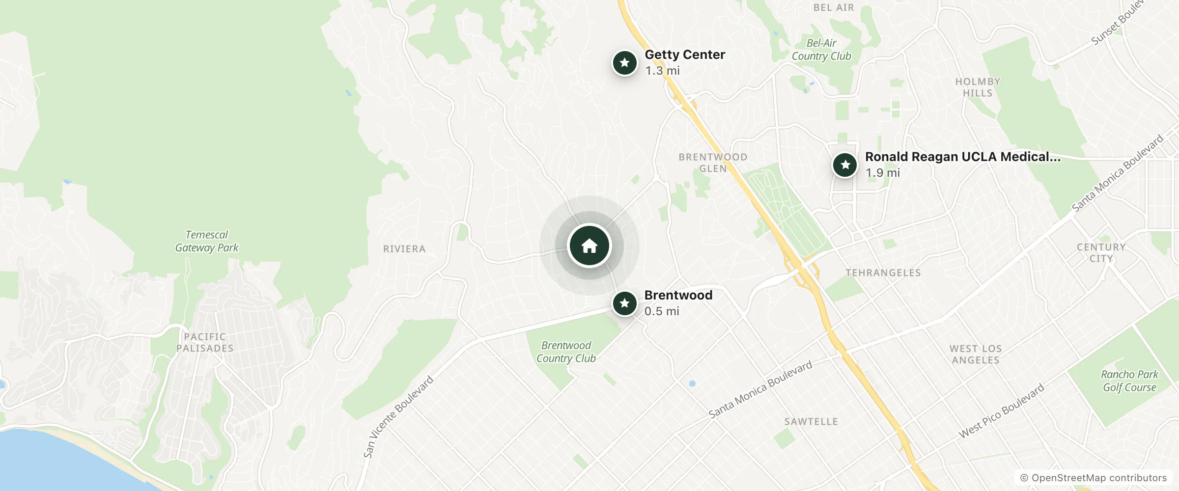 Map of Brentwood Inn and nearby Brentwood, Getty Center and Ronald Reagan UCLA Medical Center