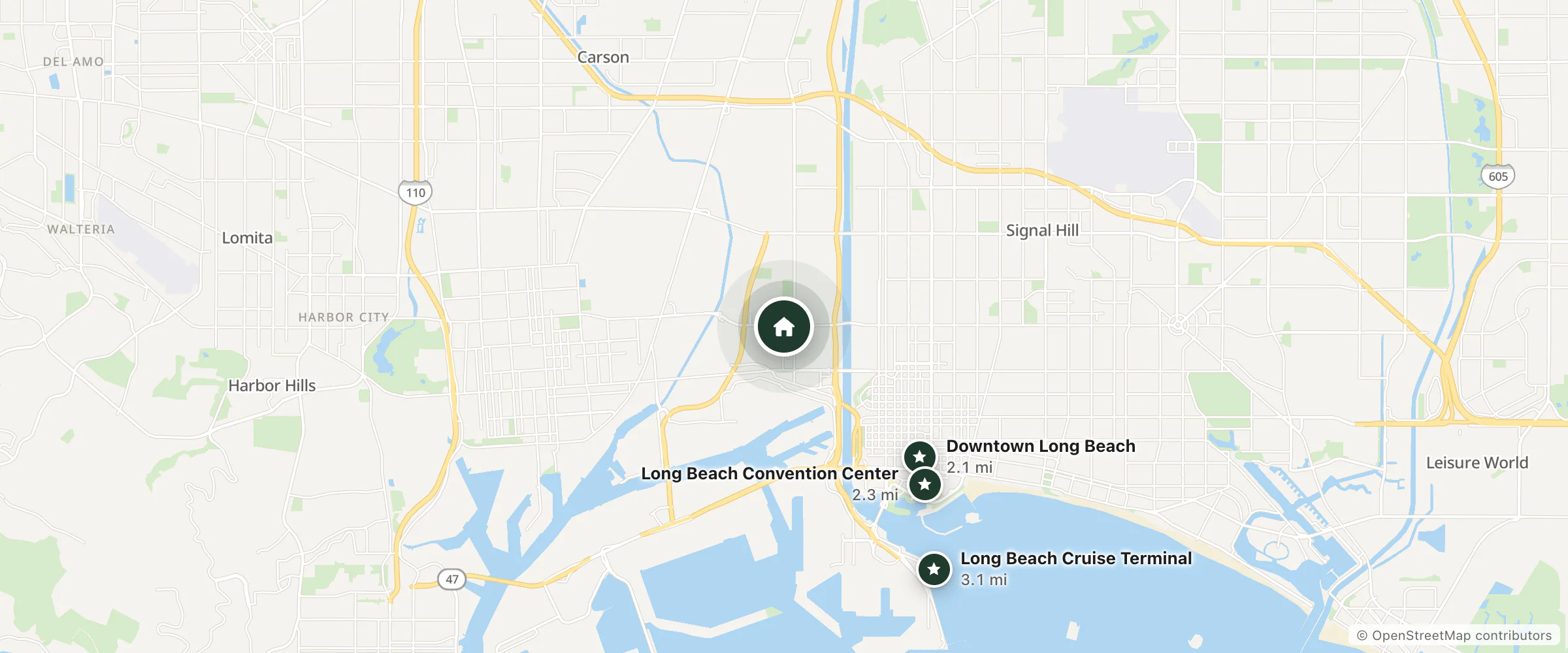 Map of Sea Bright Motel and nearby Downtown Long Beach, Long Beach Convention Center and Long Beach Cruise Terminal