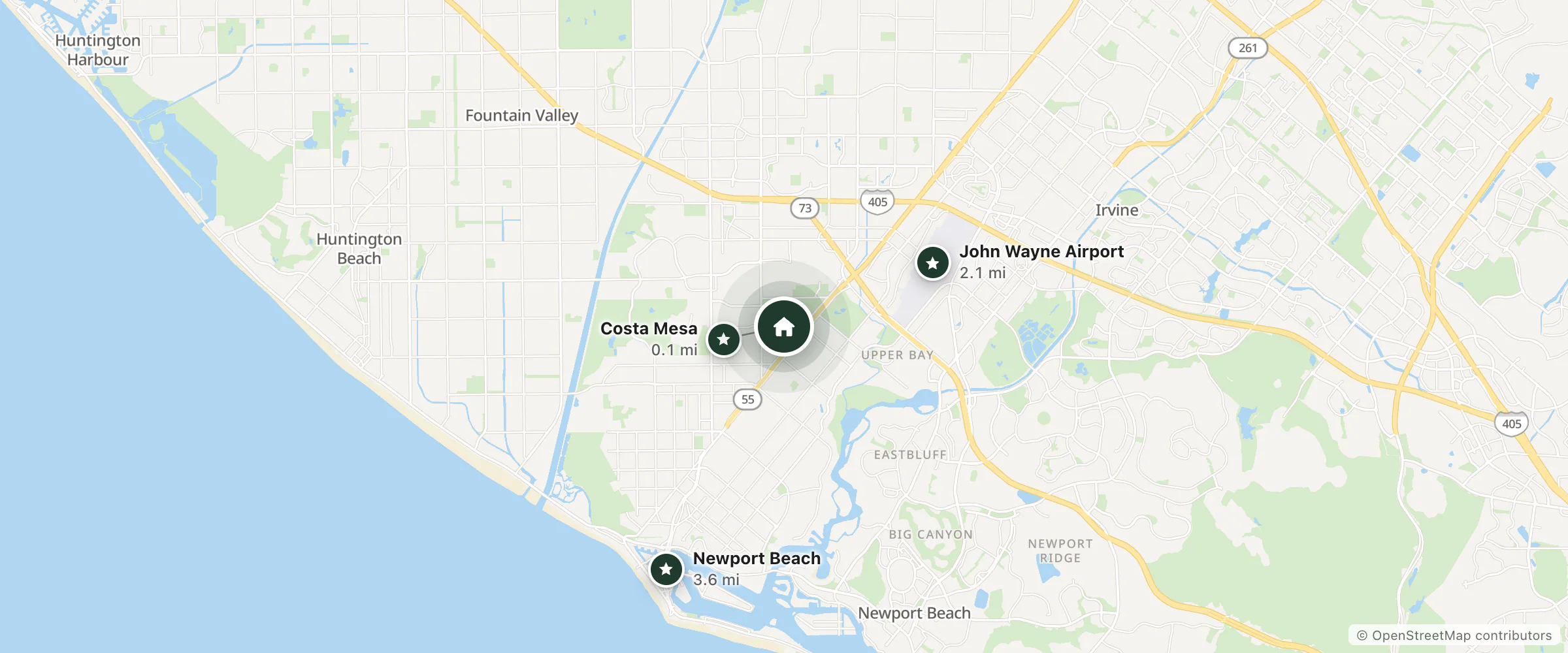 Map of The Harp Inn and nearby Costa Mesa, John Wayne Airport and Newport Beach