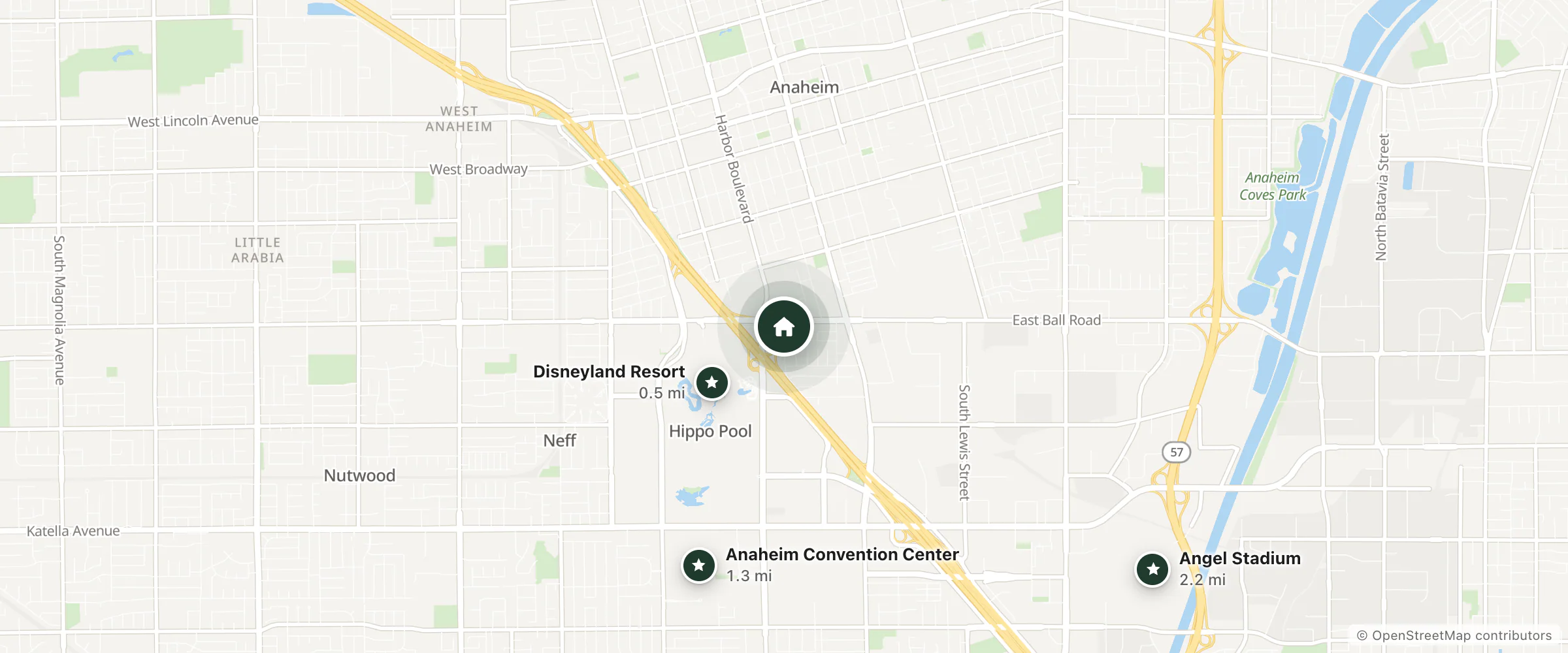 Map of Knights Inn Anaheim and nearby Disneyland Resort, Anaheim Convention Center and Angel Stadium