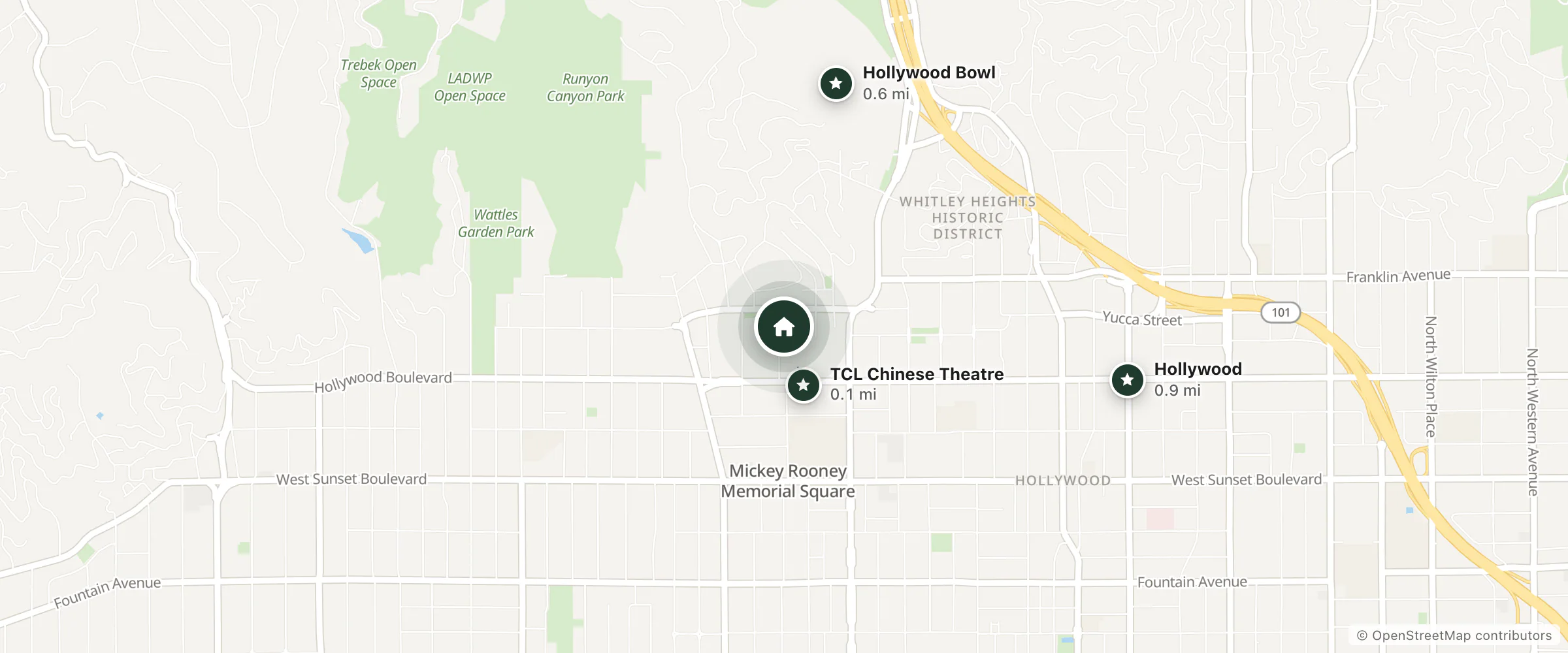 Map of Orange Drive Hostel and nearby TCL Chinese Theatre, Hollywood Bowl and Hollywood