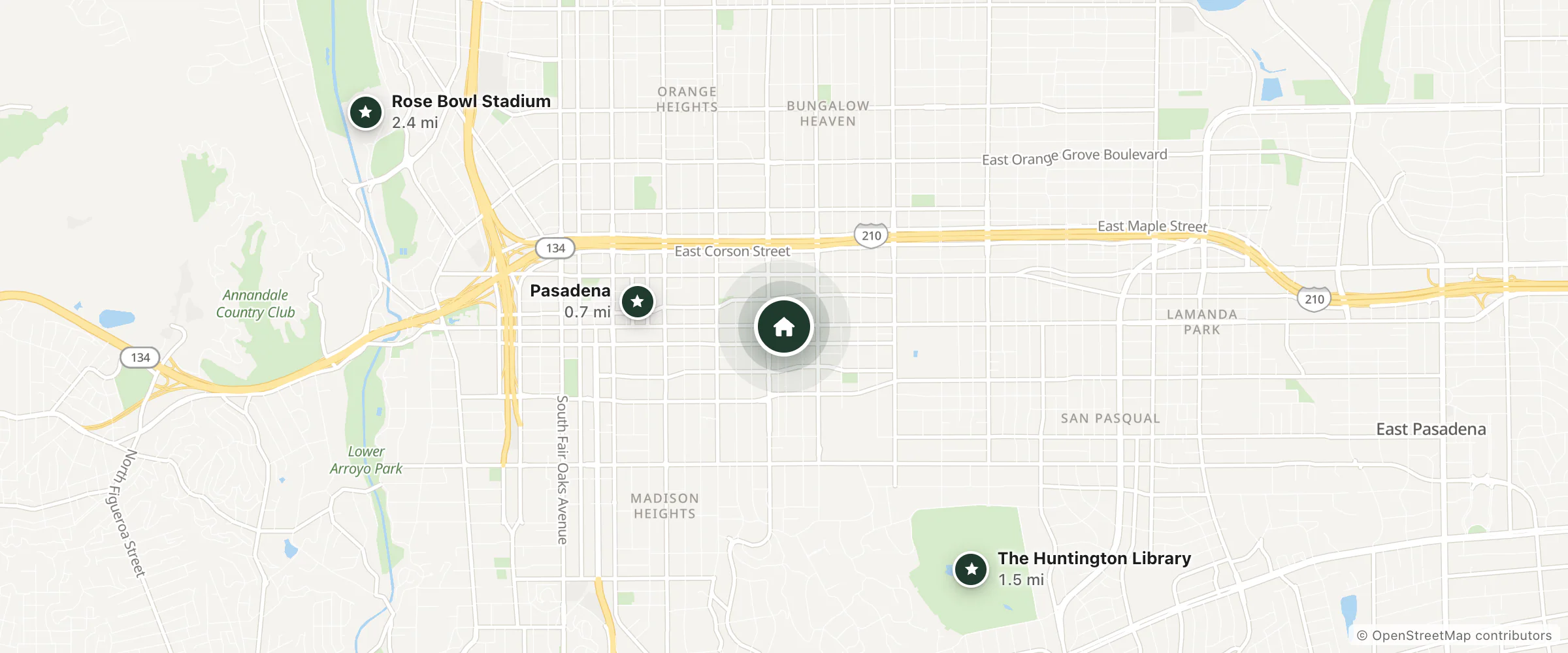 Map of Hotel Constance and nearby Pasadena, The Huntington Library and Rose Bowl Stadium