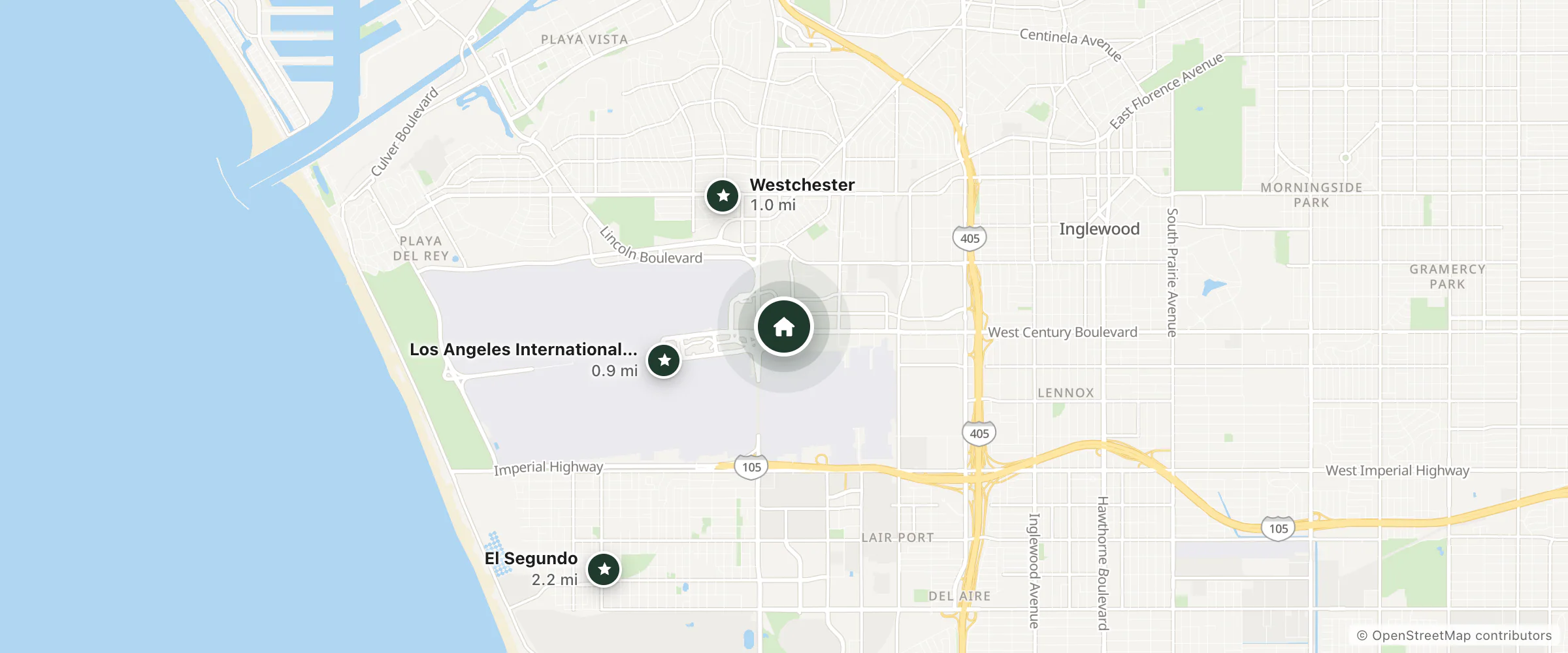 Map of H Hotel Los Angeles, Curio Collection by Hilton and nearby Los Angeles International Airport, Westchester and El Segundo
