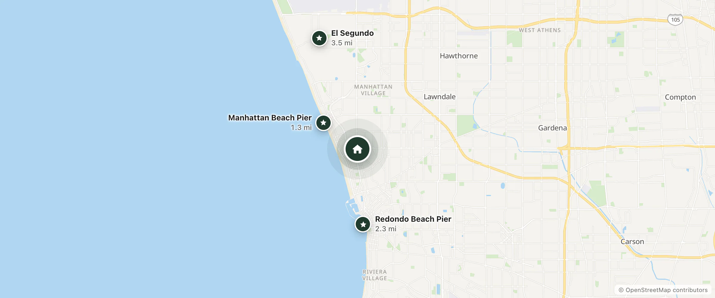 Map of Hotel Hermosa and nearby Manhattan Beach Pier, Redondo Beach Pier and El Segundo