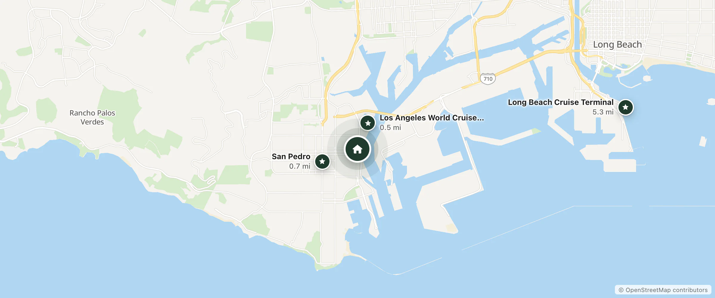 Map of Best Western Sunrise Hotel and nearby Los Angeles World Cruise Center, San Pedro and Long Beach Cruise Terminal