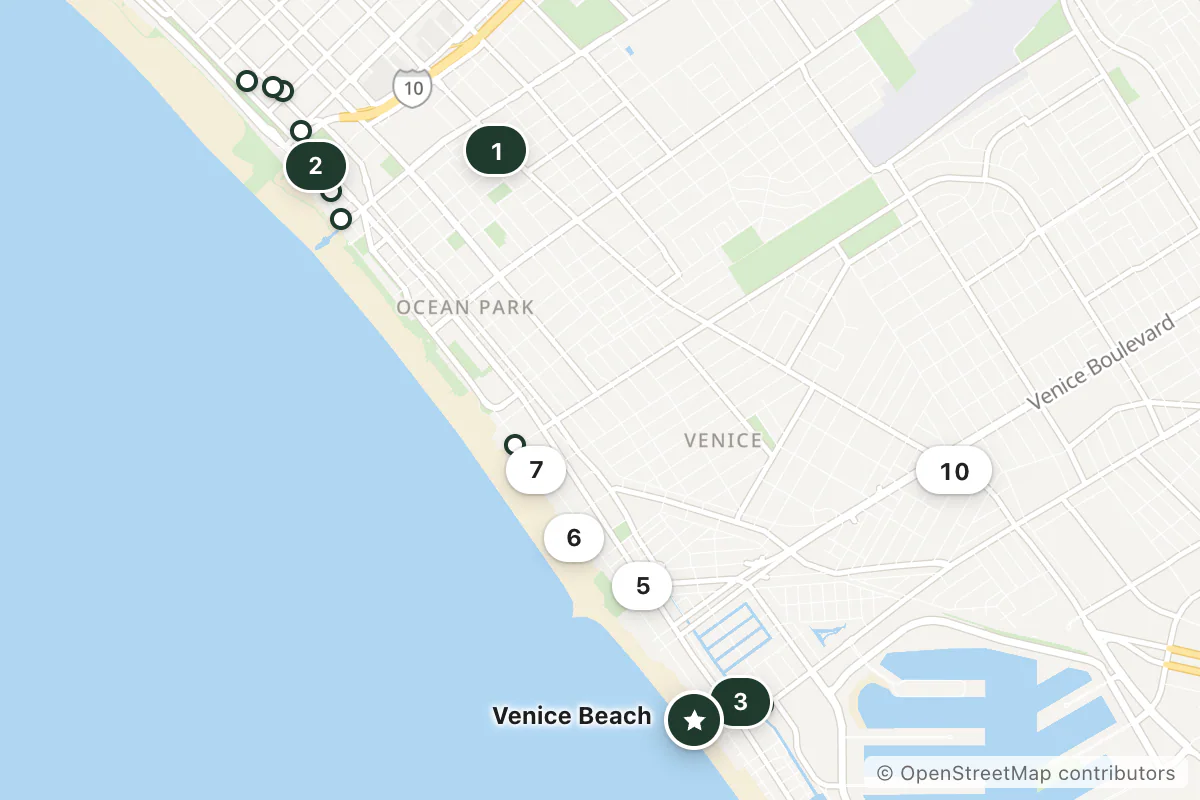 Map of the top 16 hotels for this question around Venice Beach