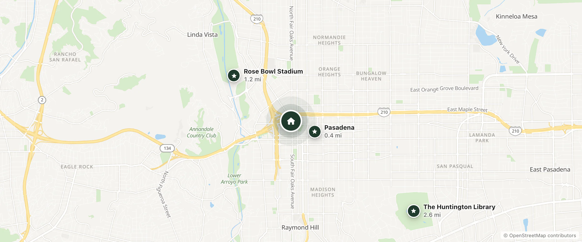 Map of Residence Inn and nearby Pasadena, Rose Bowl Stadium and The Huntington Library