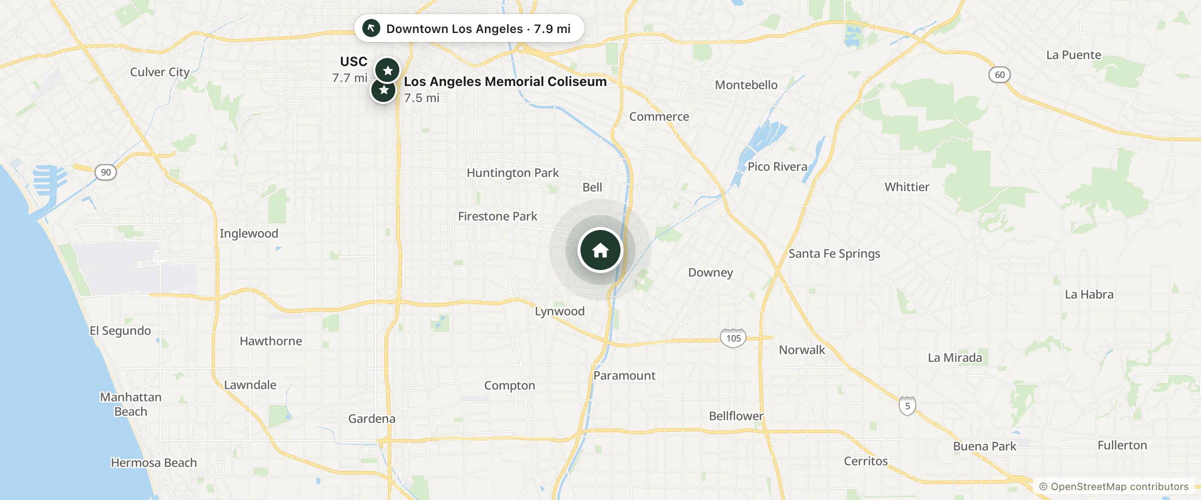 Map of Lido Motel and nearby Los Angeles Memorial Coliseum, USC and Downtown Los Angeles