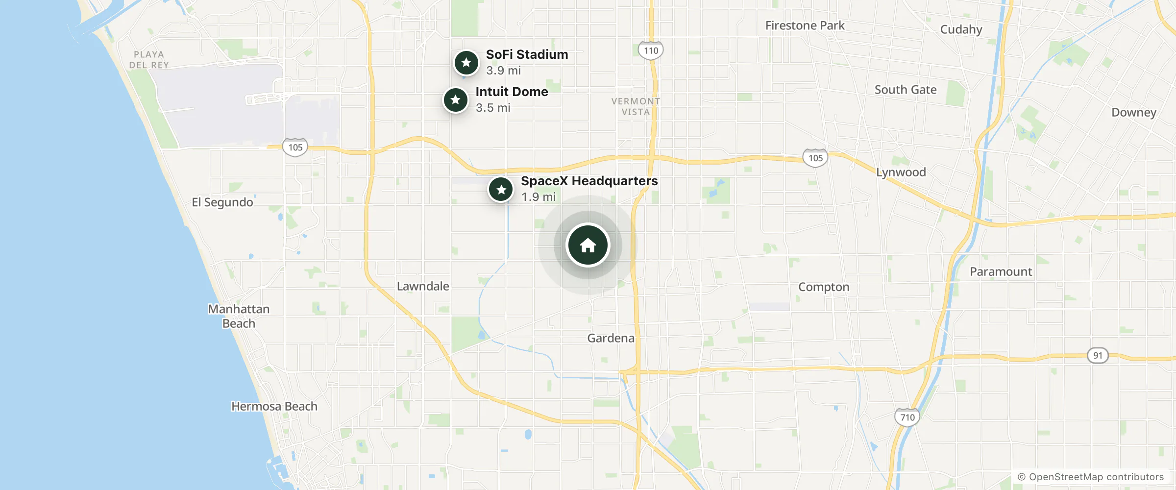 Map of Patio Motel and nearby SpaceX Headquarters, Intuit Dome and SoFi Stadium