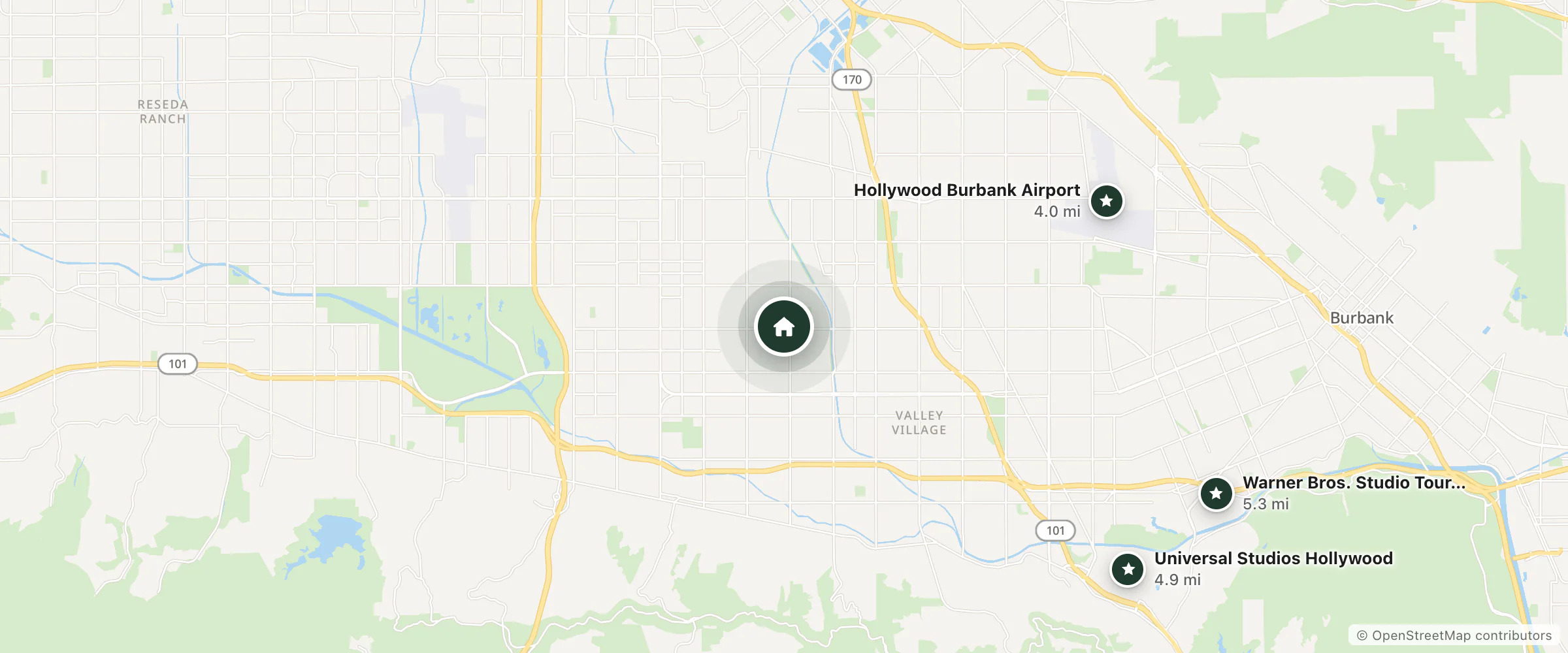 Map of Sunshine La and nearby Hollywood Burbank Airport, Universal Studios Hollywood and Warner Bros. Studio Tour Hollywood