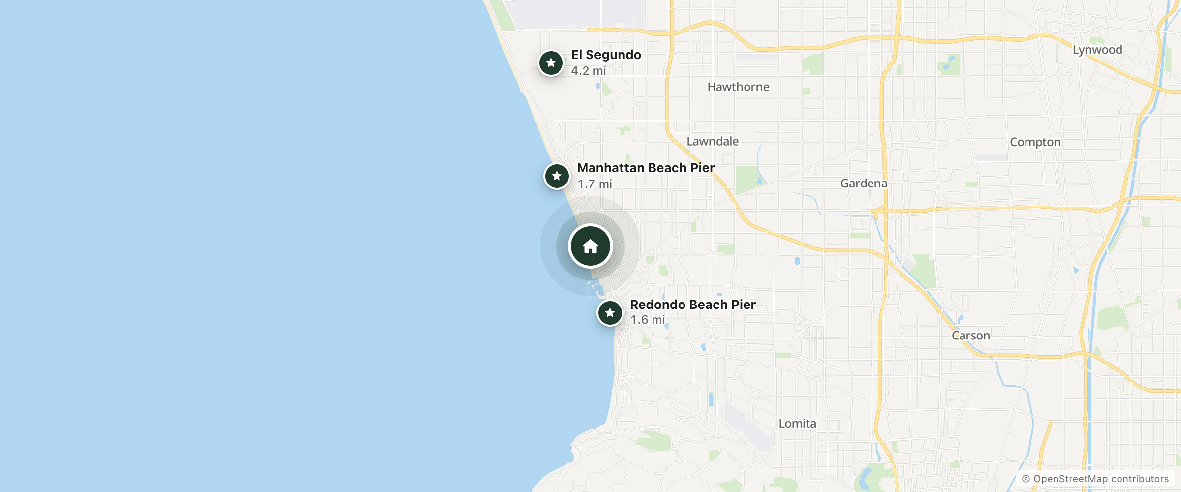 Map of SW Beach Hotel and nearby Redondo Beach Pier, Manhattan Beach Pier and El Segundo