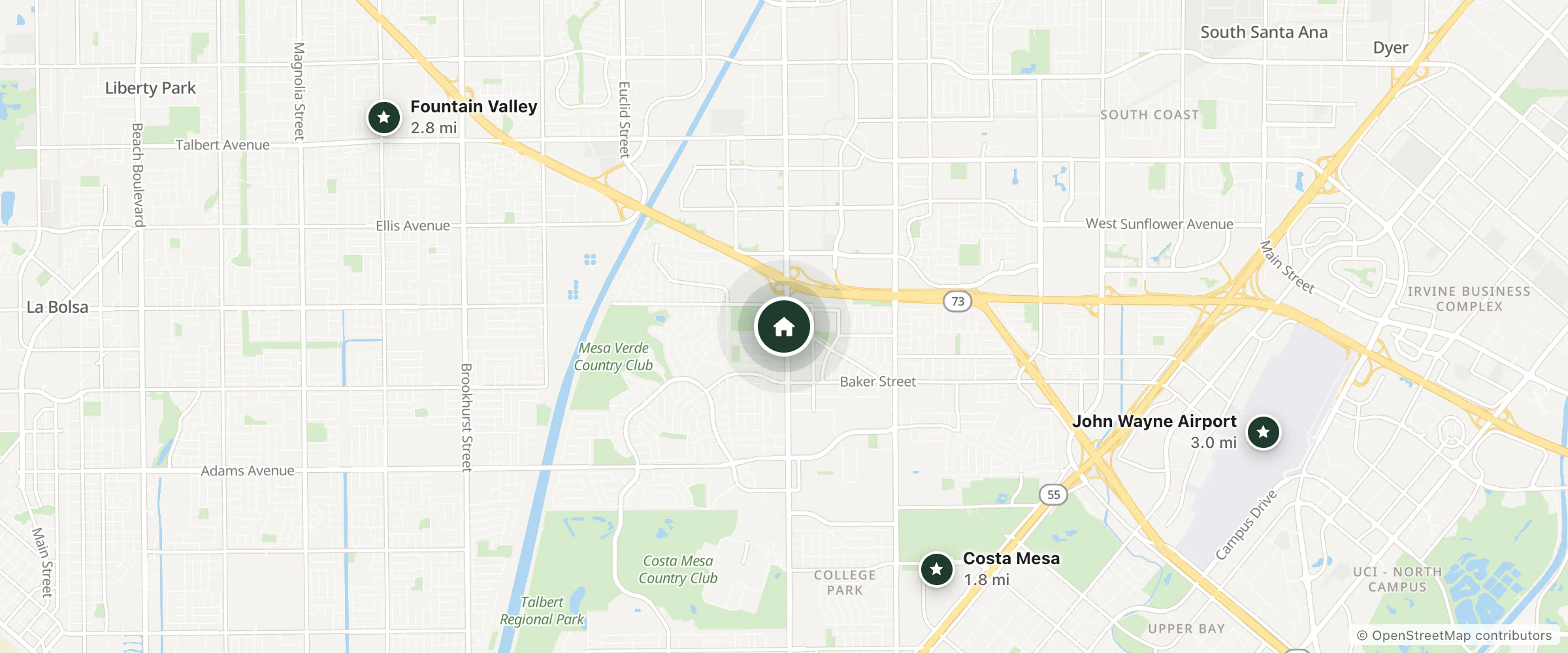 Map of Inn At Costa Mesa and nearby Costa Mesa, Fountain Valley and John Wayne Airport