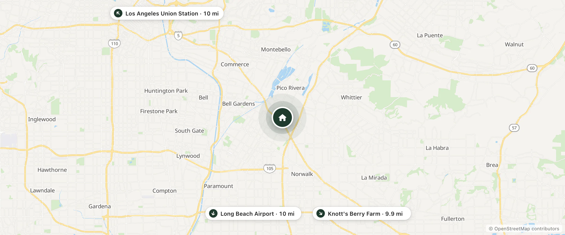 Map of Cloud 9 Motel and nearby Knott's Berry Farm, Long Beach Airport and Los Angeles Union Station