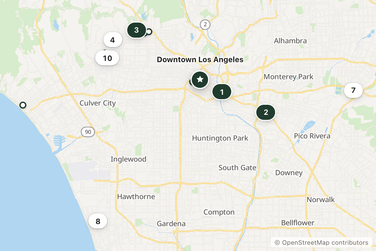 Map of the top 11 hotels for this question around Downtown Los Angeles