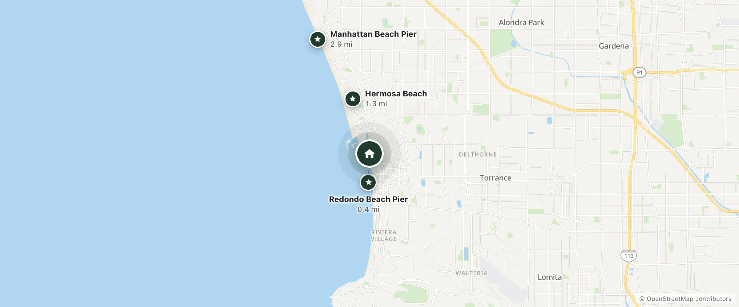 Map of Holiday Inn and nearby Redondo Beach Pier, Hermosa Beach and Manhattan Beach Pier