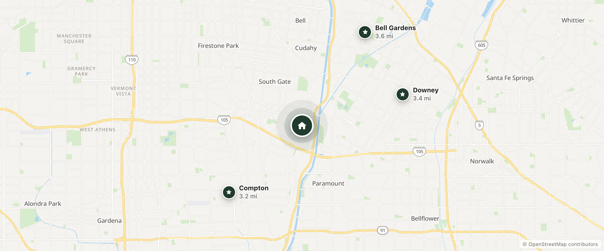 Map of Wagon Wheel Motel and nearby Compton, Downey and Bell Gardens