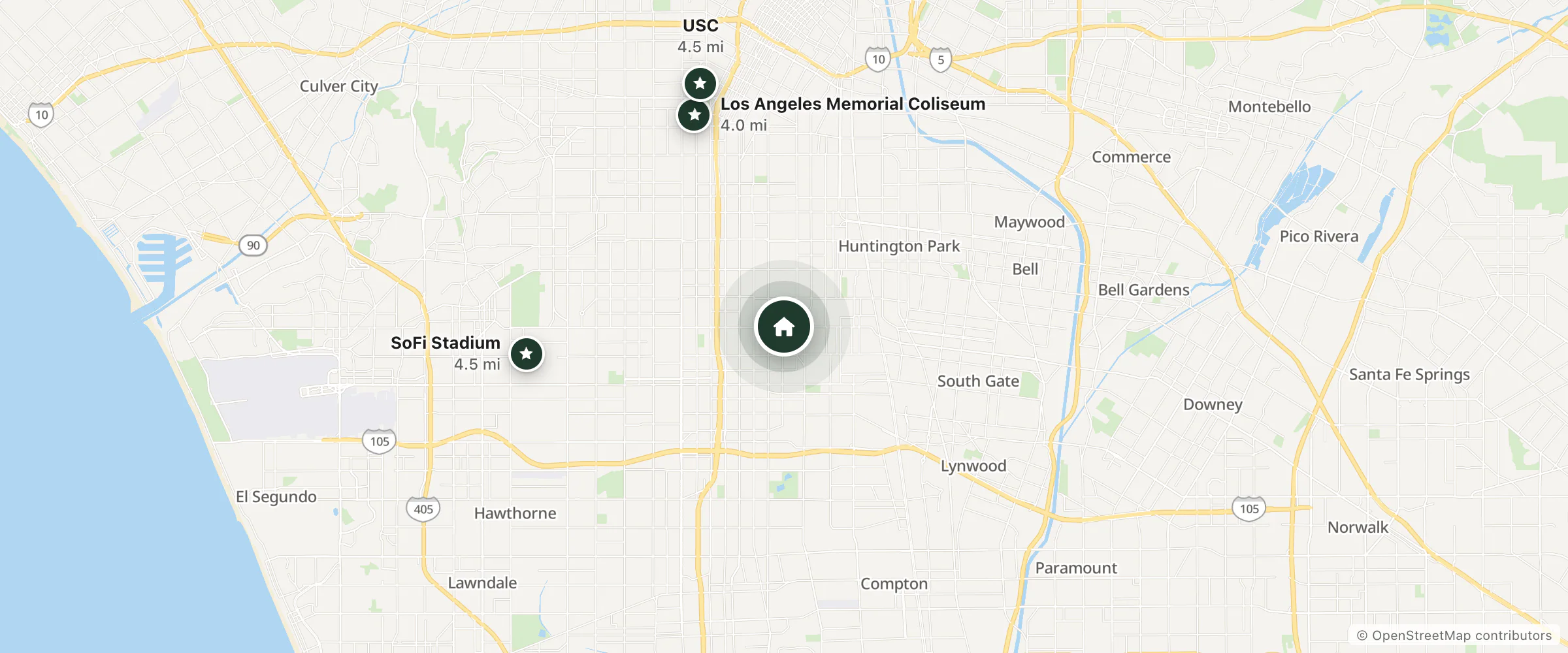 Map of Flores Motel and nearby Los Angeles Memorial Coliseum, USC and SoFi Stadium