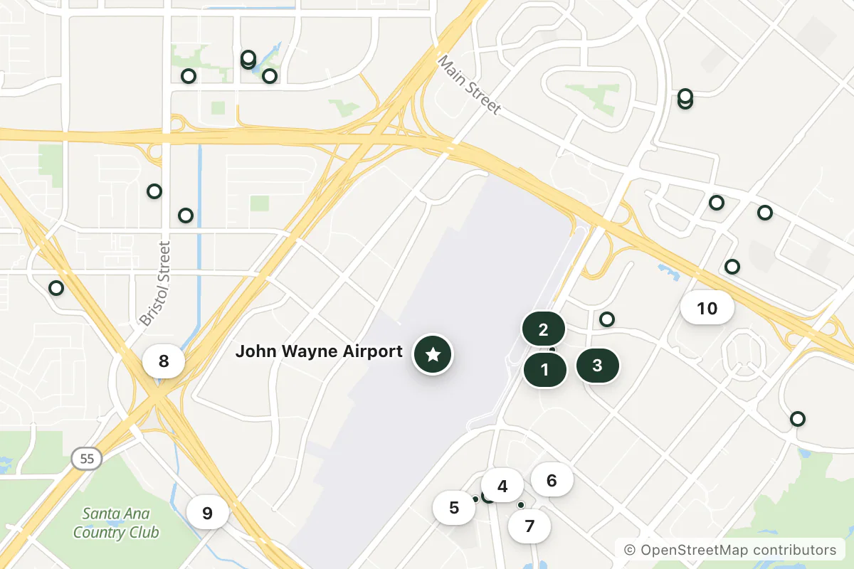 Map of the top 25 hotels for this question around John Wayne Airport