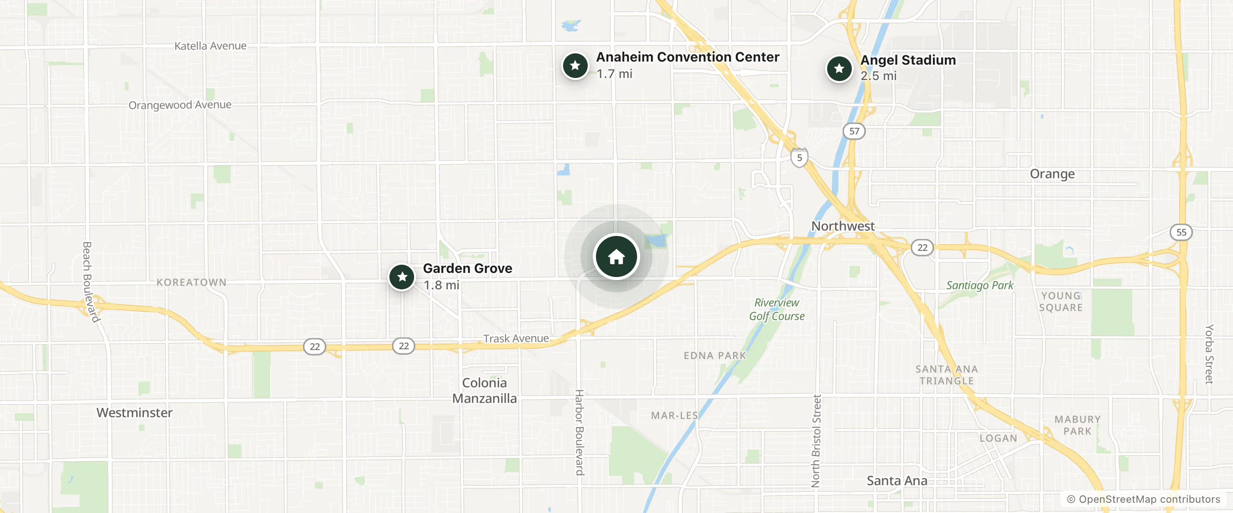 Map of Harbor Inn and Suites and nearby Anaheim Convention Center, Garden Grove and Angel Stadium